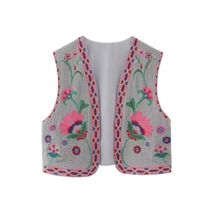 KEYANKETIAN Women Vintage Floral Embroidered Open WaistCoat Ladies National Style Vest Jacket Outfits Casual Vacation Crop Top