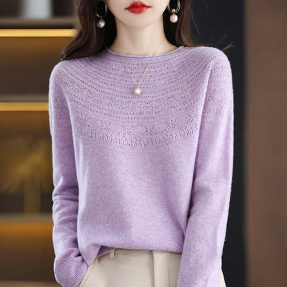 100% wool cashmere sweater women's sweater round neck hollow long sleeve pullover warm pullover in autumn and winter