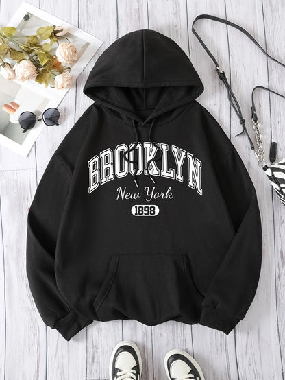 Brooklyn New York 1898 Hoodie Sweatshirt - Casual Polyester Hooded Pullover with Drawstring Alphabet Pattern