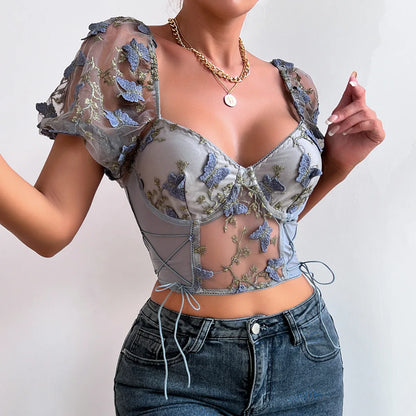 Yimunancy Puff Sleeve Crop Top Women Short Sleeve Mesh Patchwork Boho Spring Floral V Neck Tops