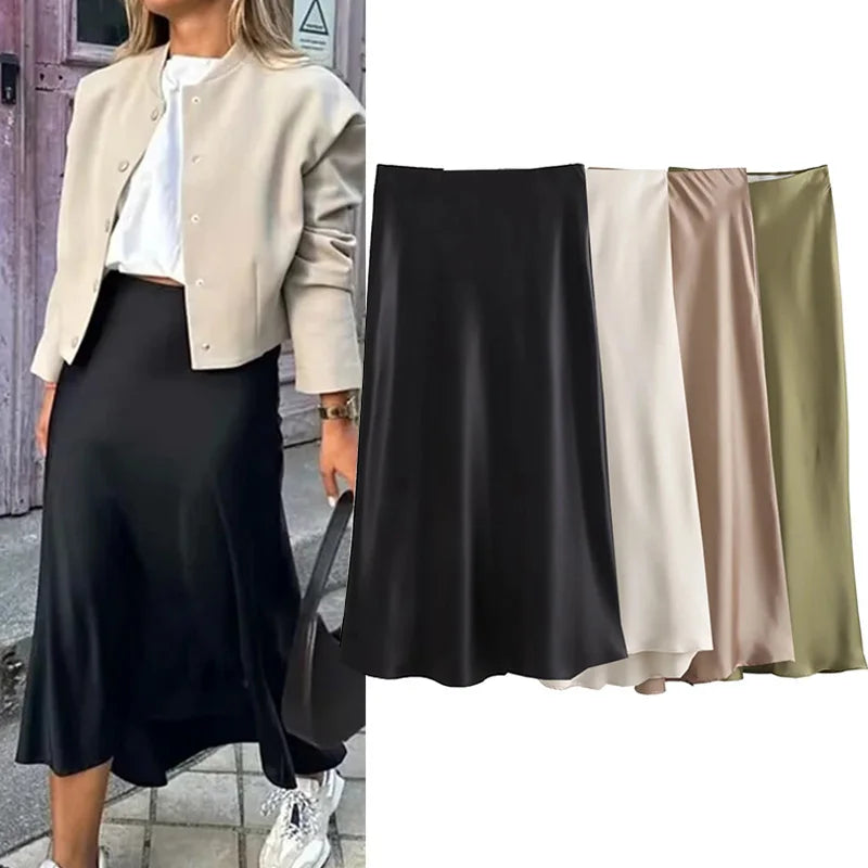 TRAF 2024 Black Satin Skirt Woman High Waist Elegant Long Skirts For Women Fashion Summer Midi Skirt Office Women's Skirts