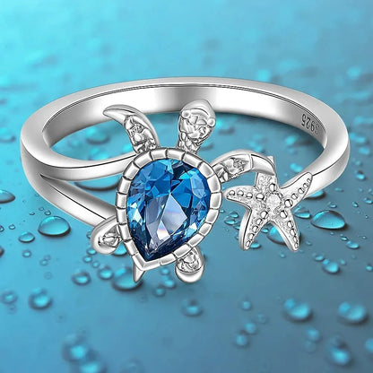 New Simple Niche Sea Turtle Starfish Ring Women's Blue Topaz Cute Ocean Animal Square Crystal Zircon Ring Party Gift Accessories