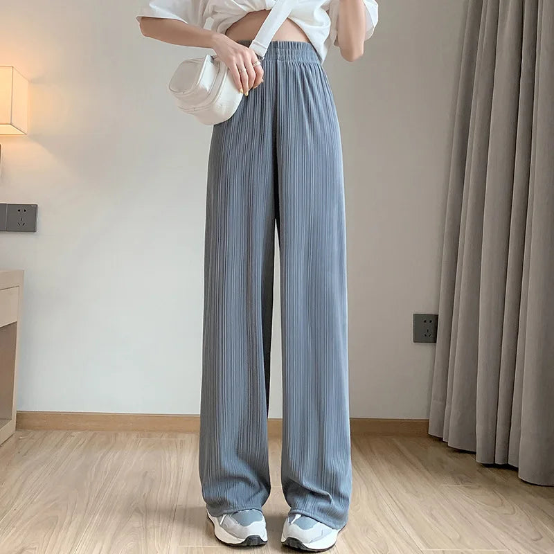 2024 Spring Summer Ice Silk Wide Leg Pants for Women Korean Thin Chiffon High Waist Saggy Loose Straight Casual Fashion Trousers