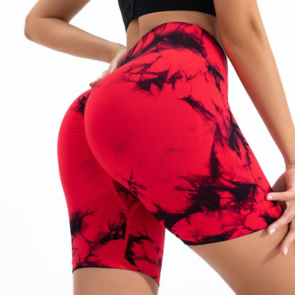 High Waist Butt Lift Shorts Women Seamless Tie Dye Shorts Gym Workout Running High Elastic Fashion Knit Slim Three Point Pants