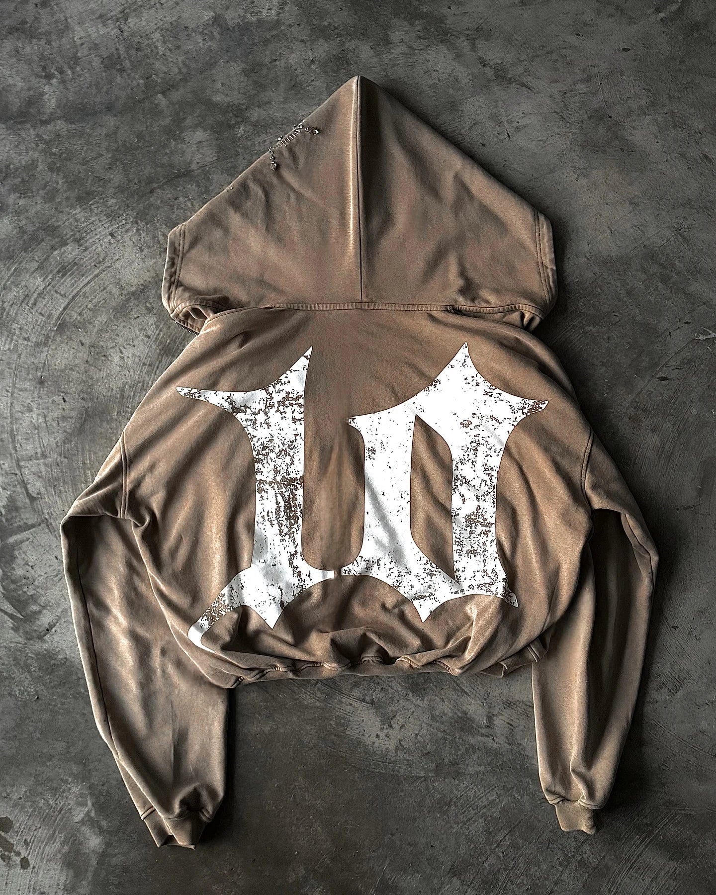 Retro Brown Rhinestone Element Gothic Hoodies Oversizeds Zip Up Distressed Sweatshirts for Men Simplicity Gothic Hoodies