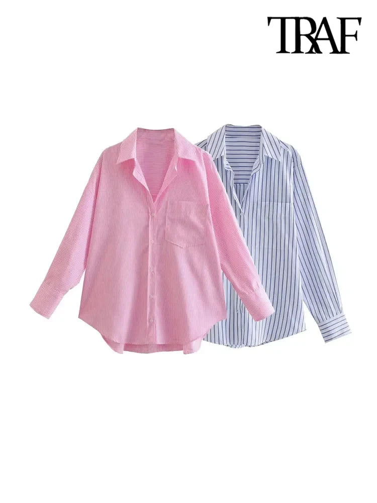 TRAF-Striped Loose Shirts With Pocket for Women, Long Sleeve, Button-up Blouses, Chic Tops, Female Fashion