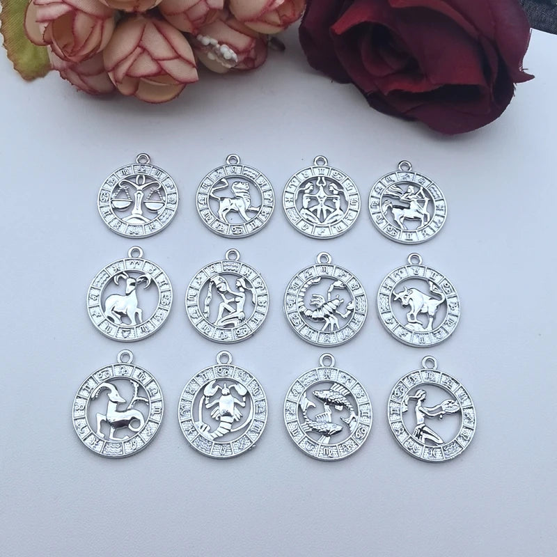 12pcs Silver 24x21mm Twelve Constellations Pendant ,Suitable for DIY Handmade Metal Astrology Jewelry Making Accessories