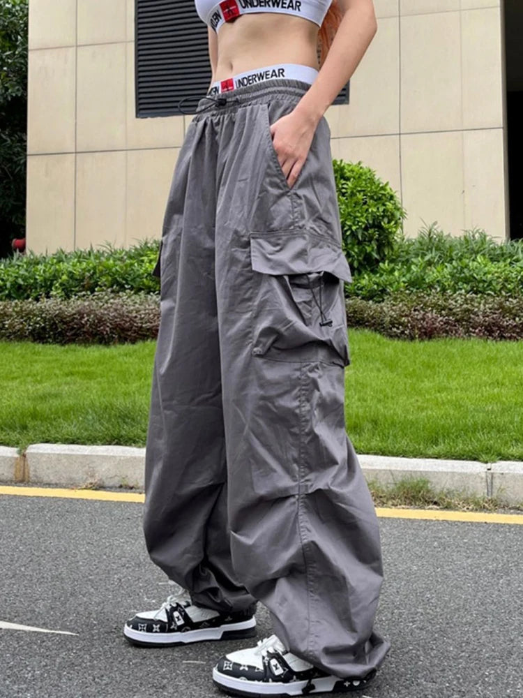 Y2K Parachute Black Pants Women Hippie Streetwear Oversize Pockets Cargo Trousers Harajuku Wide Leg Baggy Sweatpants