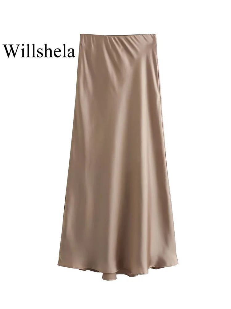 Willshela Women Fashion Satin Solid Pleated Midi Skirt Vintage Mid Elastic Waist Female Chic Lady Skirts