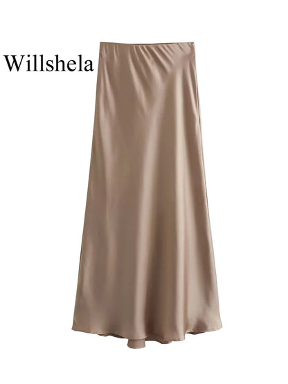 Willshela Women Fashion Satin Solid Pleated Midi Skirt Vintage Mid Elastic Waist Female Chic Lady Skirts