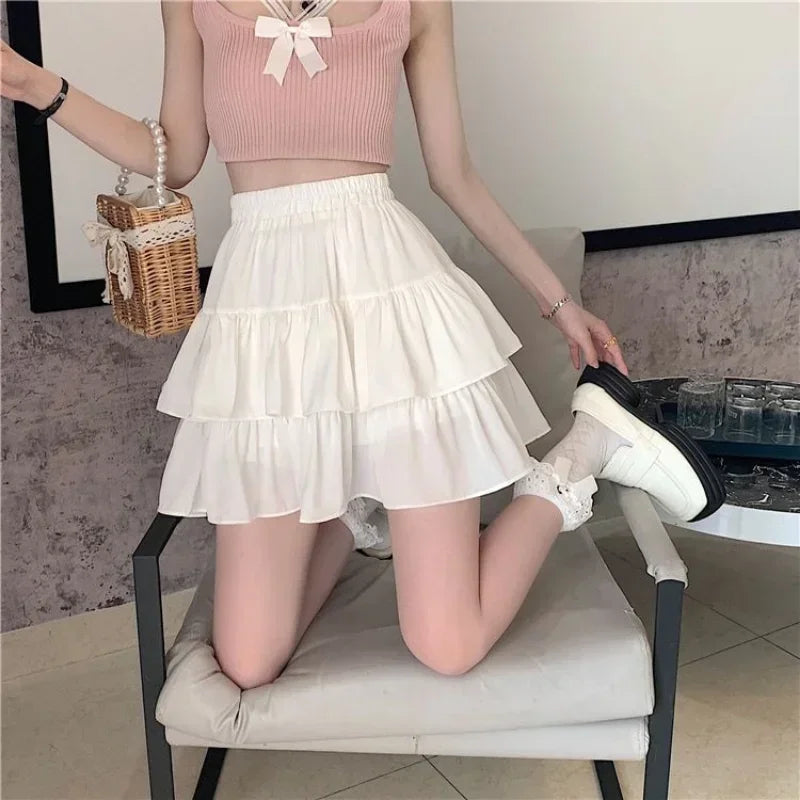 White Ruffles Mini Skirt Women Kawaii Elastic Waist A-line Loose Preppy Style Cute Short Pleated Skirt Korean Fashion