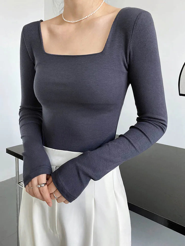 Long-sleeved square-neck t-shirt women's slim-fit exposed collarbone low-neck short top bottoming shirt